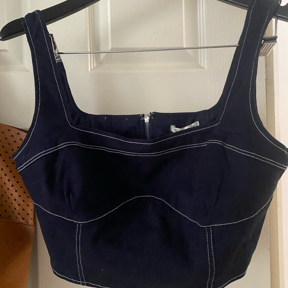 REVOLVE Dark Blue Crop Top with White Stitching